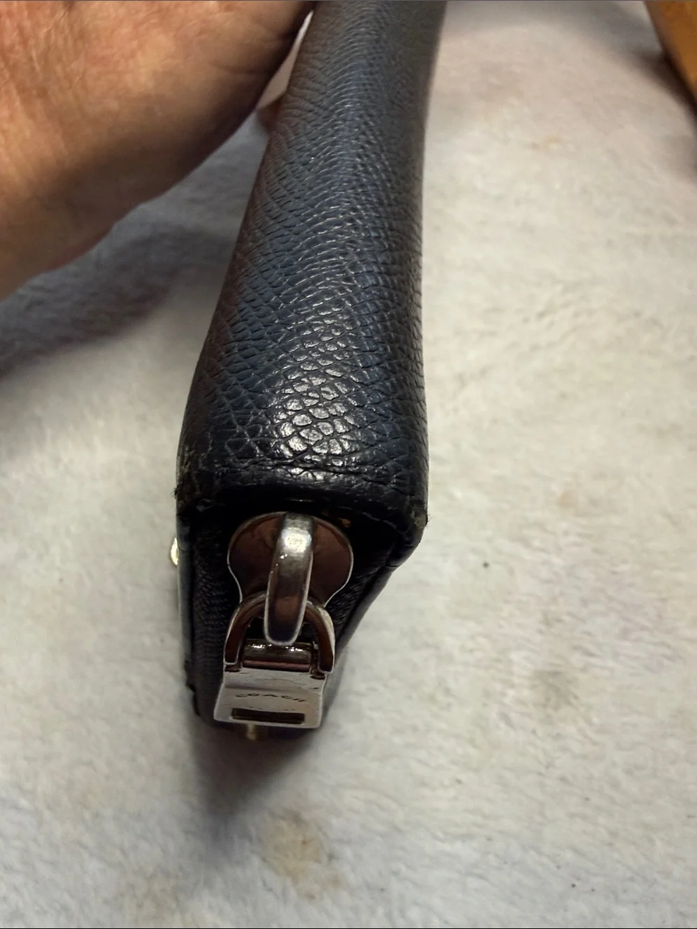 Coach Tan Black Leather Zip Wallet with Logo Plaque
